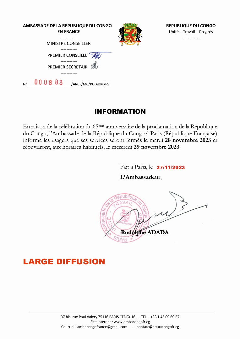 Le 28 novembre 2023 : journée de la République les portes de l'Ambassade seront fermées